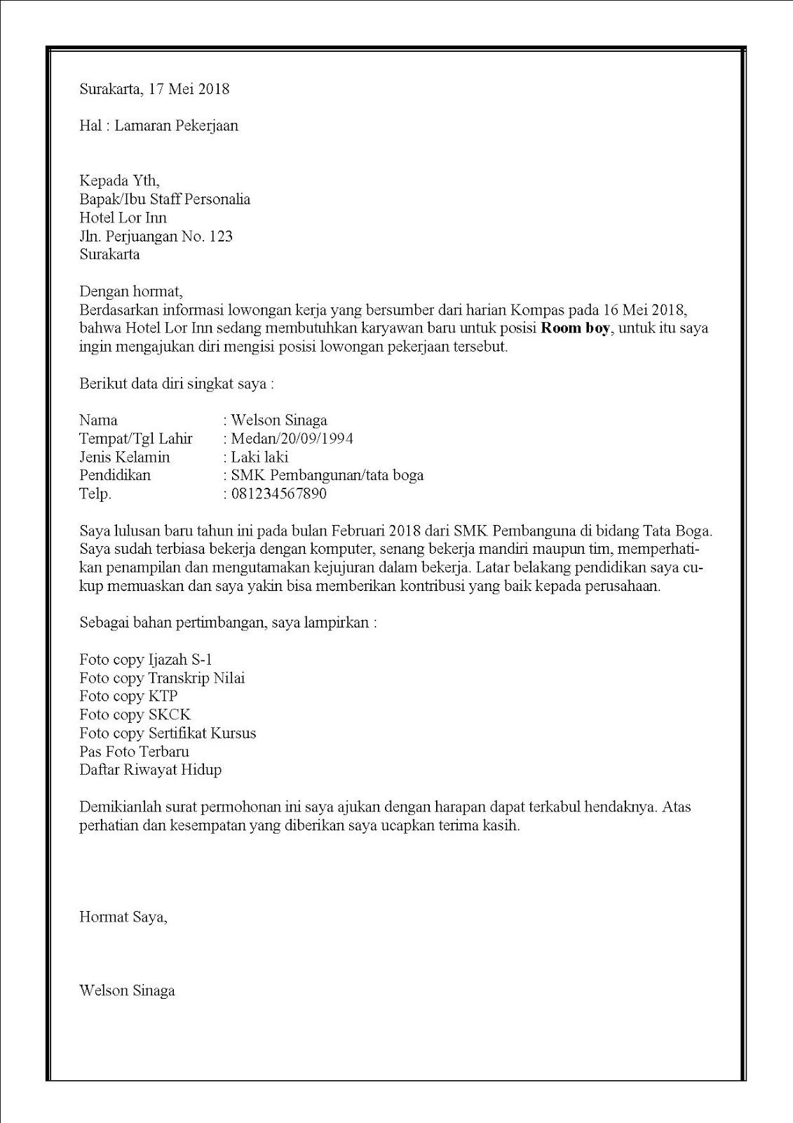 Contoh Surat Lamaran Kerja Di Hotel Bagian Steward