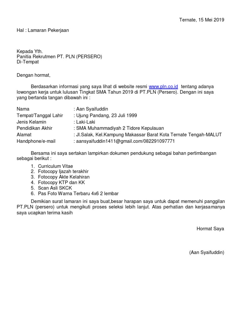 Detail Contoh Surat Lamaran Kerja Di Pln Nomer 13