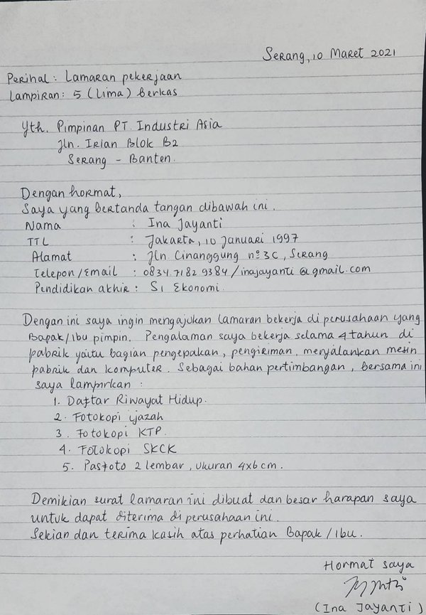 Detail Contoh Surat Lamaran Kerja Di Pt Sebagai Karyawan Tulis Tangan Nomer 28