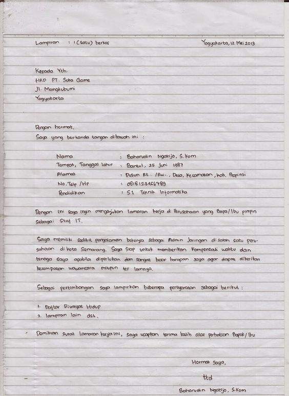 Detail Contoh Surat Lamaran Kerja Di Pt Sebagai Karyawan Tulis Tangan Nomer 39