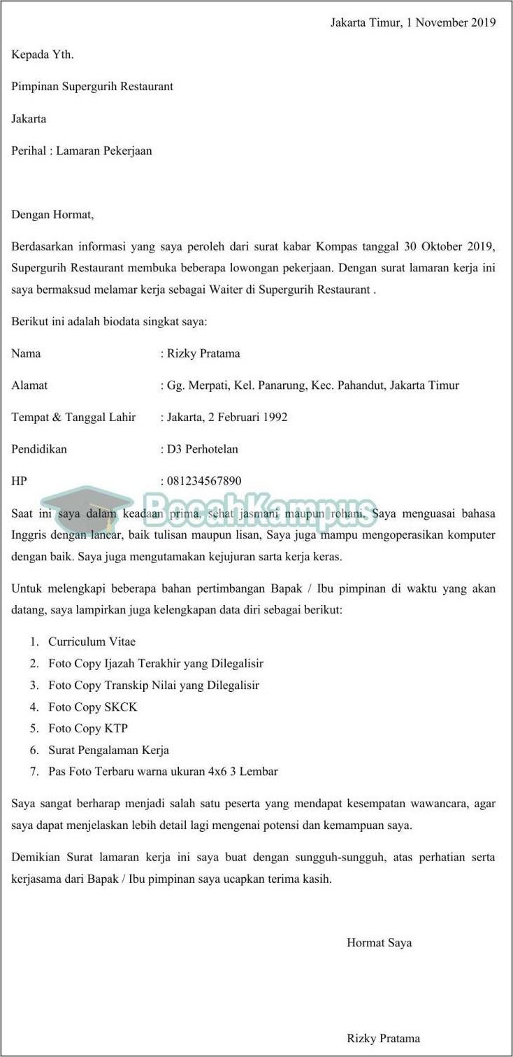 Detail Contoh Surat Lamaran Kerja Di Restoran Sebagai Waiters Nomer 27