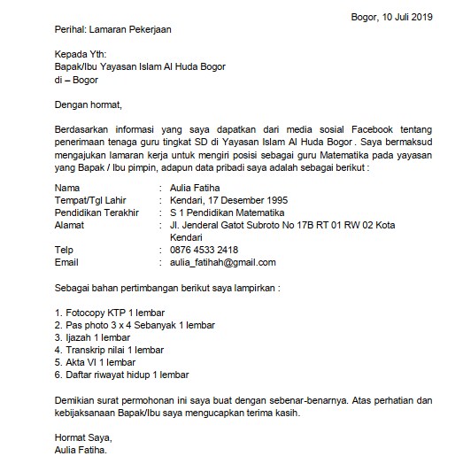 Detail Contoh Surat Lamaran Kerja Di Sekolah Dasar Nomer 11