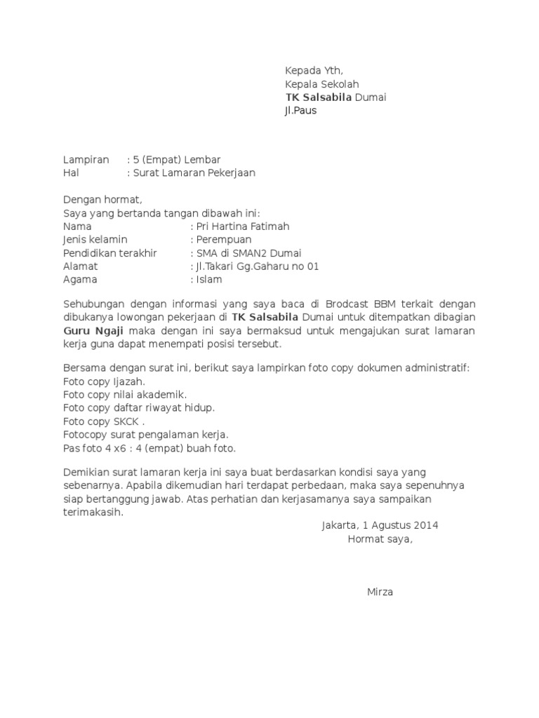 Detail Contoh Surat Lamaran Kerja Di Sekolah Nomer 39