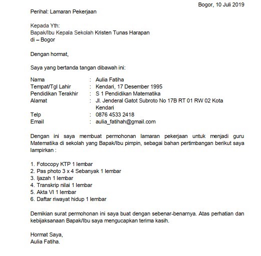 Detail Contoh Surat Lamaran Kerja Di Sekolah Smk Nomer 8