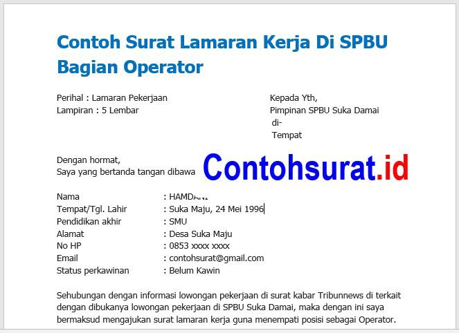 Detail Contoh Surat Lamaran Kerja Di Spbu Bagian Operator Nomer 14