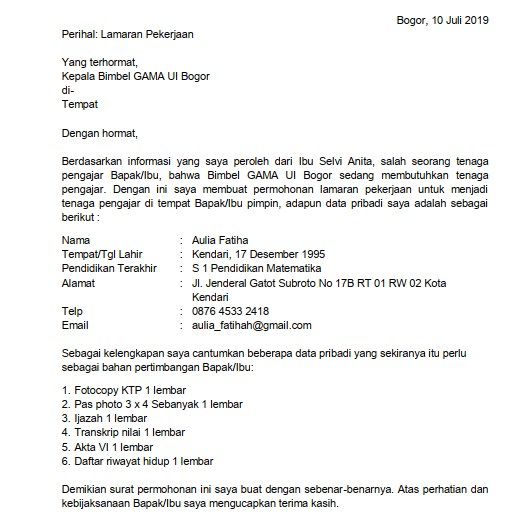 Detail Contoh Surat Lamaran Kerja Di Tempat Bimbel Nomer 2