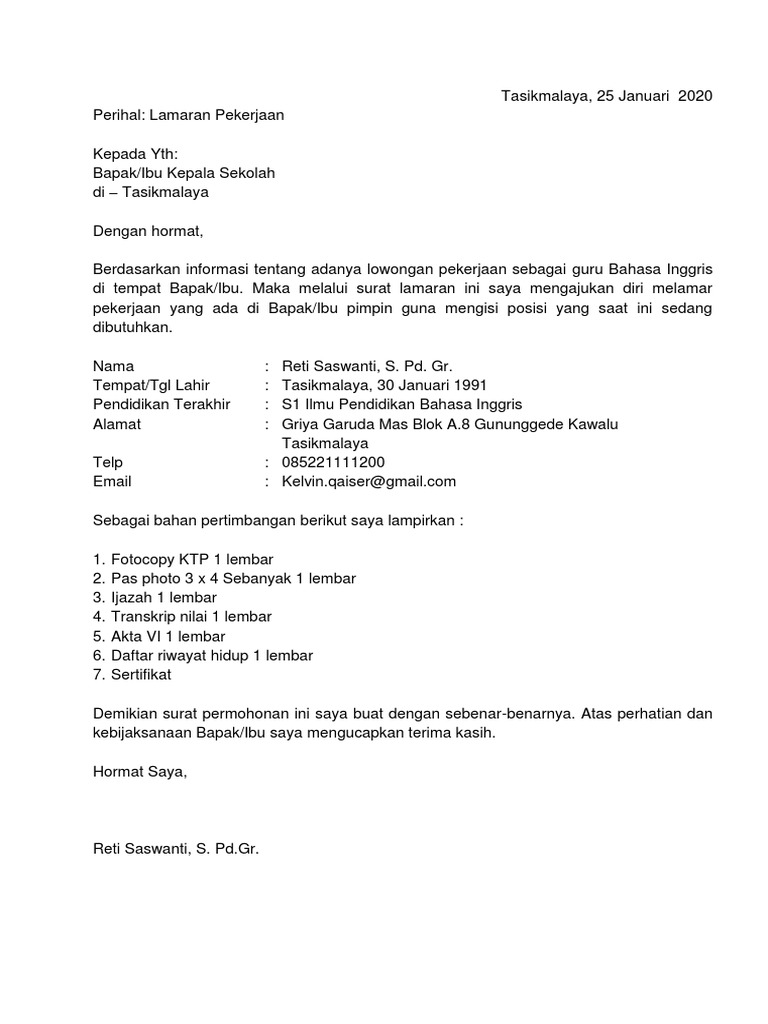 Detail Contoh Surat Lamaran Kerja Guru Bahasa Indonesia Nomer 17