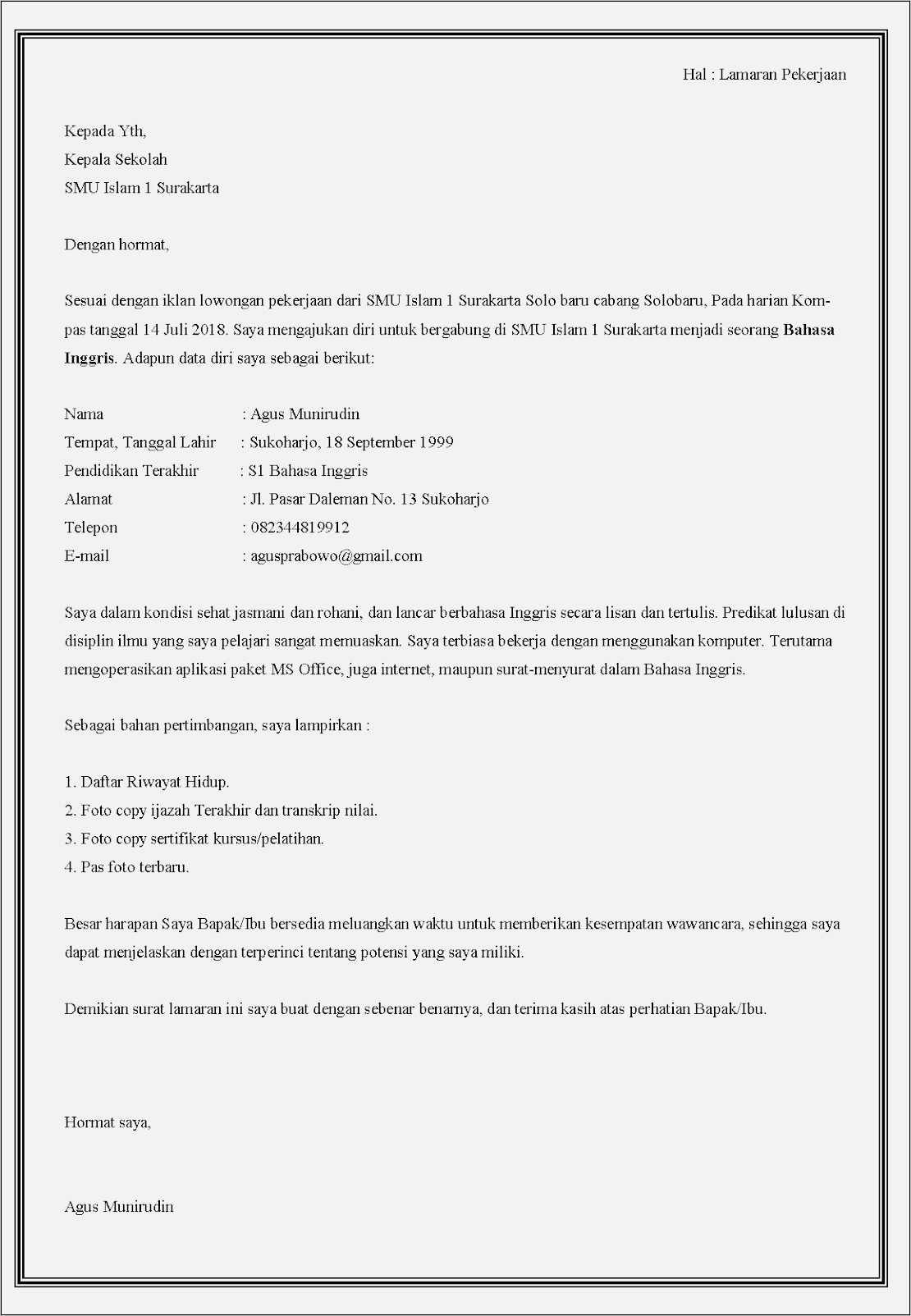 Detail Contoh Surat Lamaran Kerja Guru Bahasa Indonesia Nomer 26