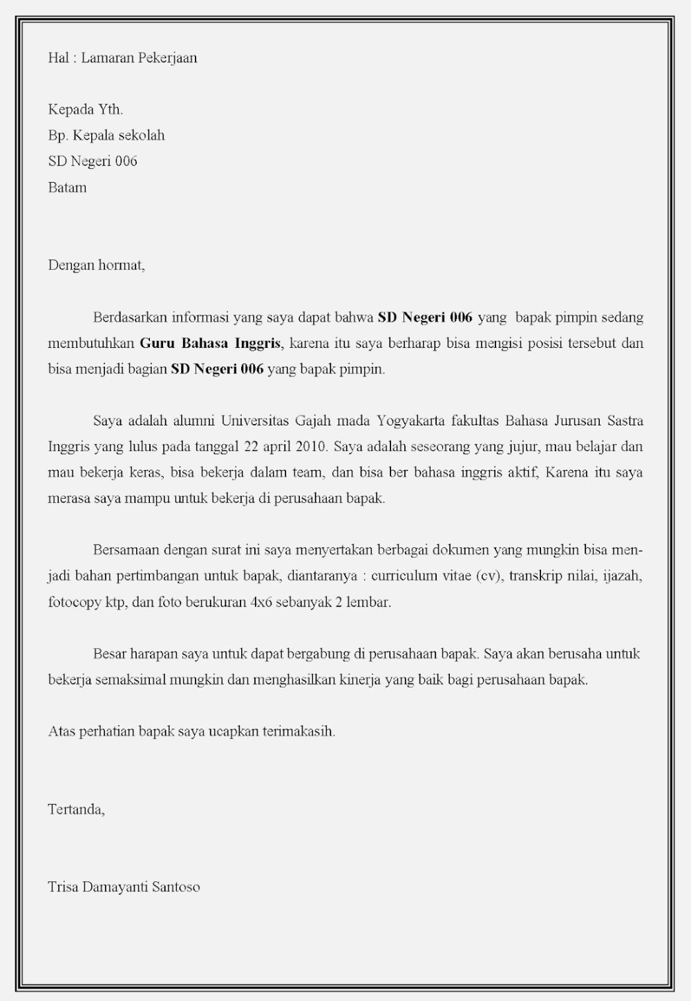 Detail Contoh Surat Lamaran Kerja Guru Bahasa Indonesia Nomer 7