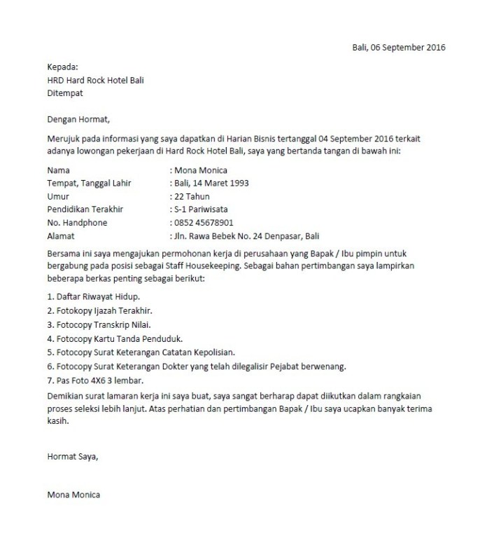 Detail Contoh Surat Lamaran Kerja Hotel Bagian Housekeeping Nomer 8