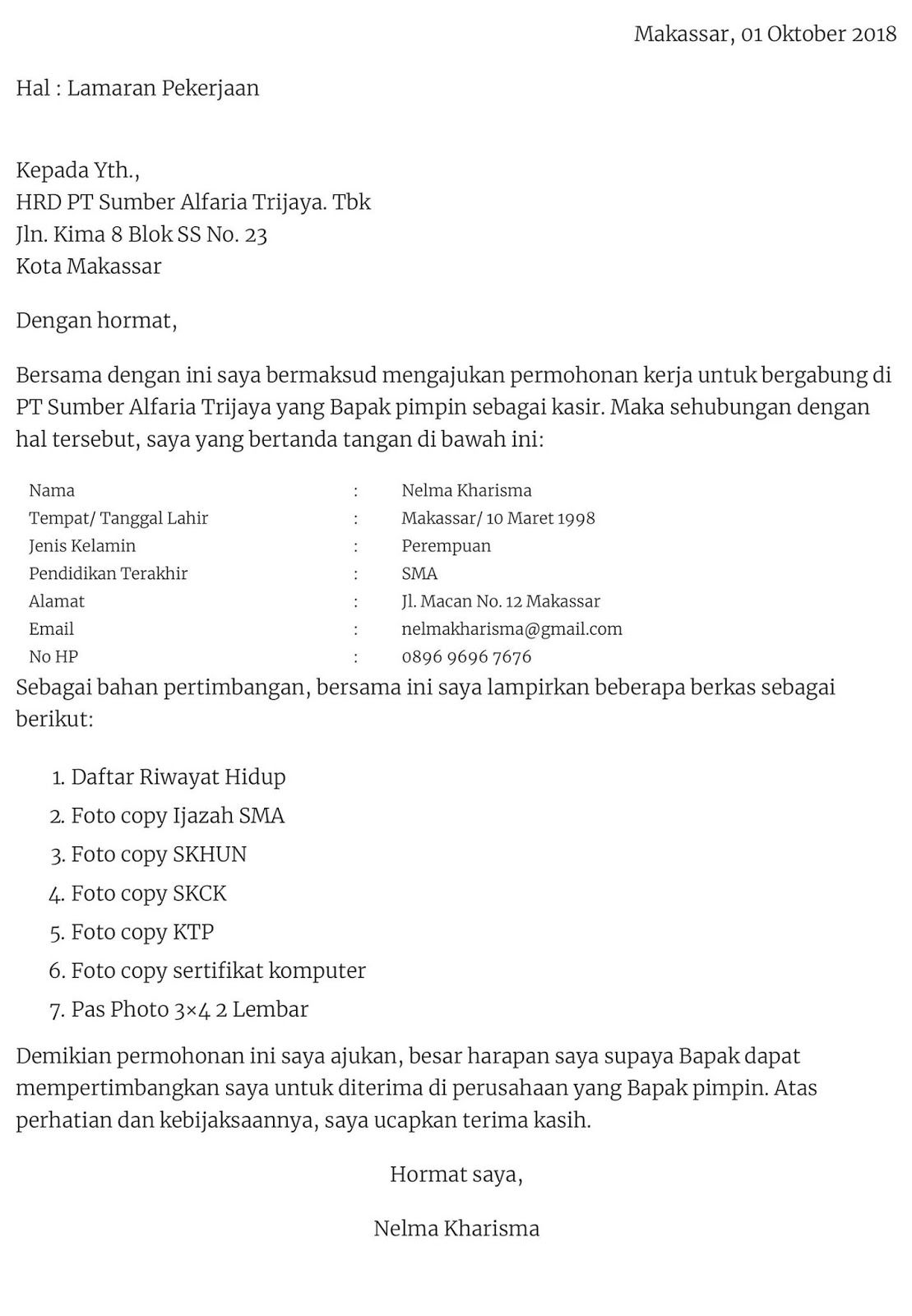 Detail Contoh Surat Lamaran Kerja Indomaret Tulis Tangan Nomer 14