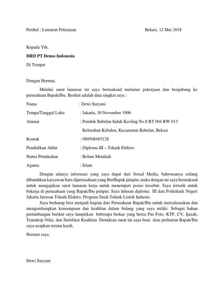 Detail Contoh Surat Lamaran Kerja Indonesia Nomer 28