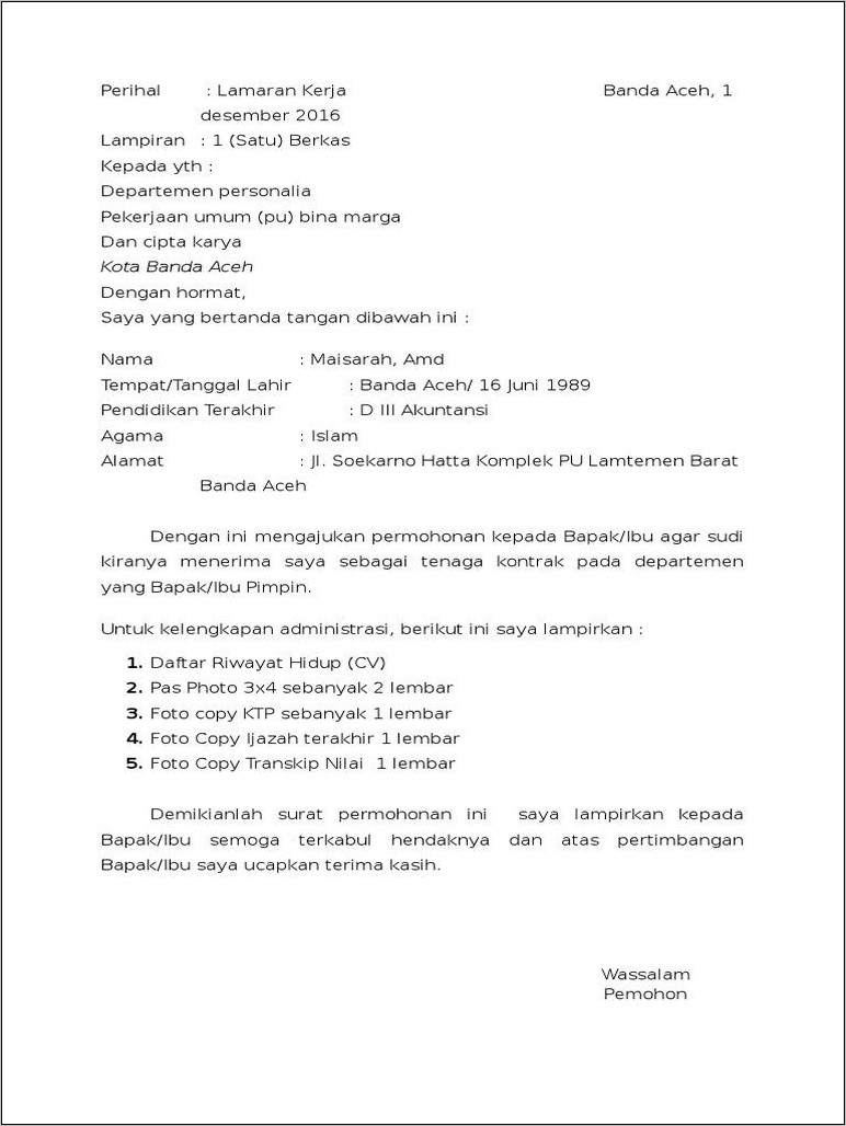 Detail Contoh Surat Lamaran Kerja Ke Dinas Nomer 46