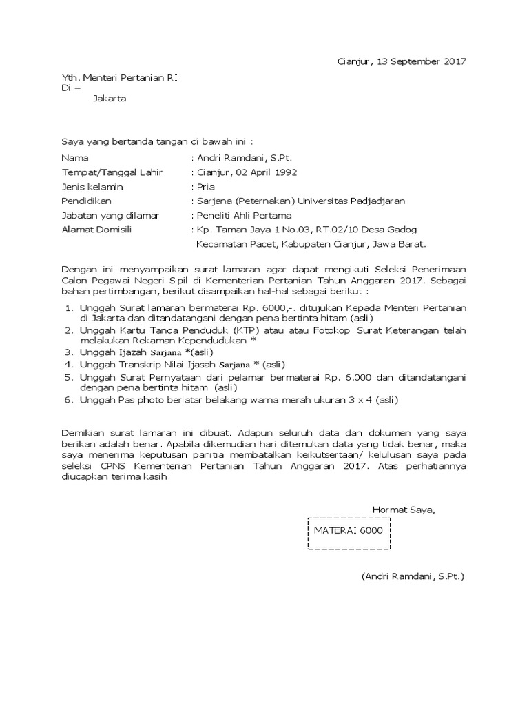 Detail Contoh Surat Lamaran Kerja Kementerian Pertanian Nomer 5