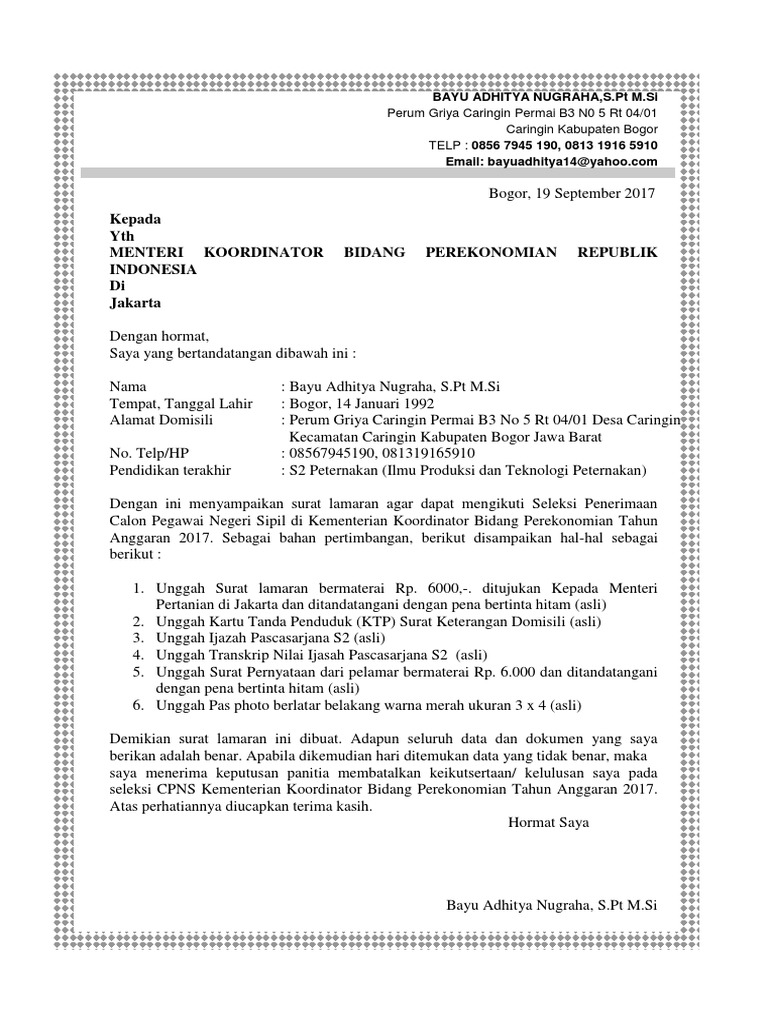 Detail Contoh Surat Lamaran Kerja Kementerian Pertanian Nomer 54