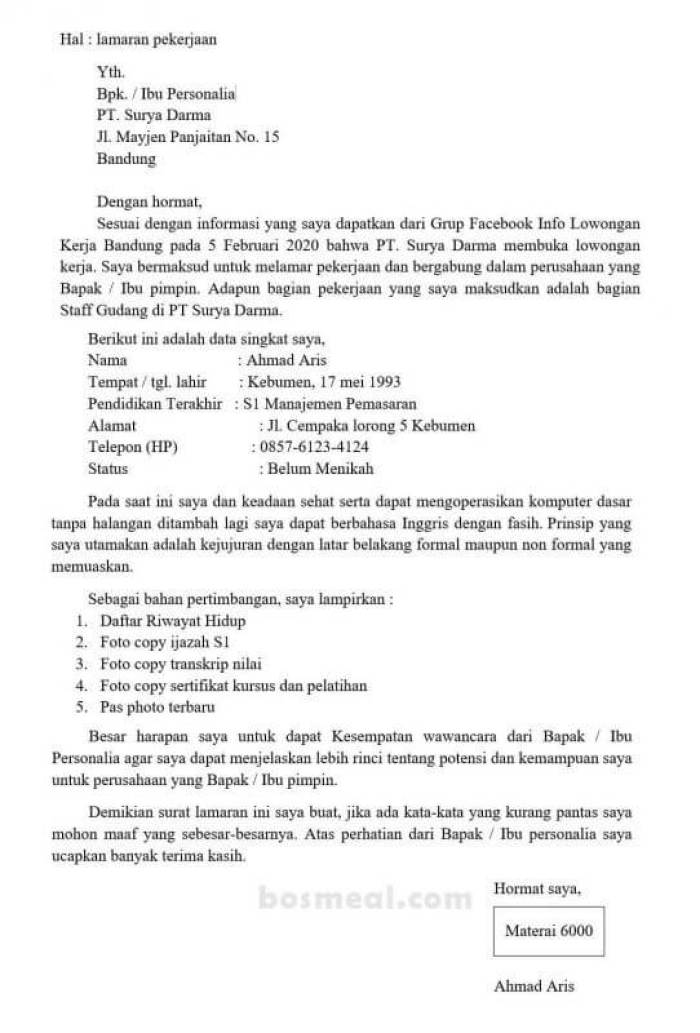 Contoh Surat Lamaran Kerja Ketikan - 54+ Koleksi Gambar