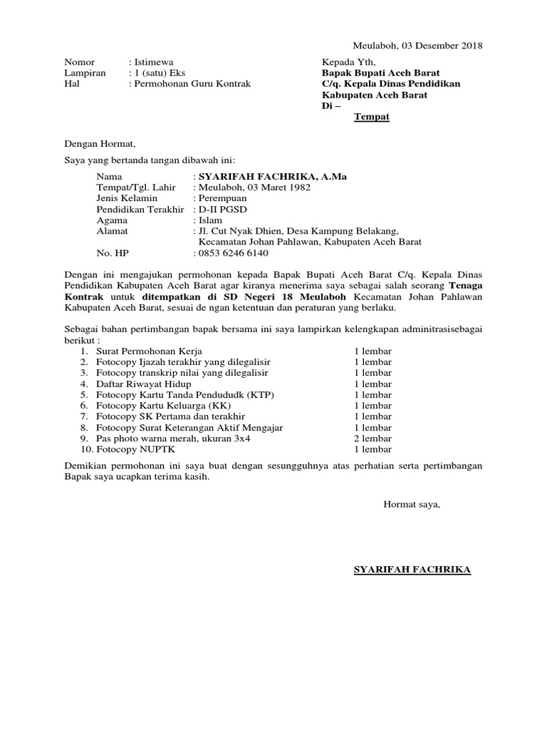 Detail Contoh Surat Lamaran Kerja Kontrak Di Pemerintahan Nomer 11