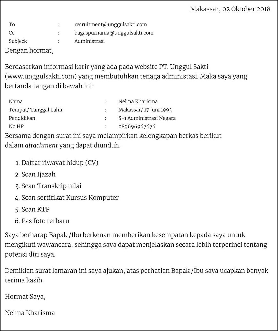 Detail Contoh Surat Lamaran Kerja Lewat Email Nomer 52