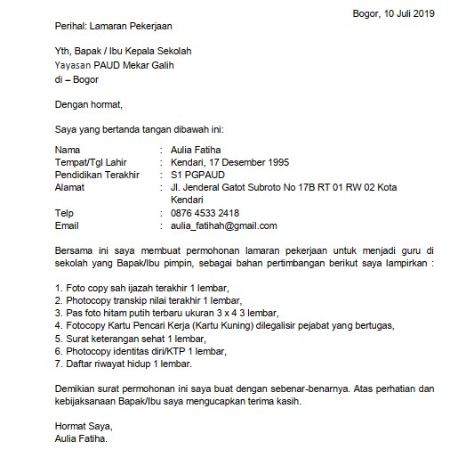 Detail Contoh Surat Lamaran Kerja Mengajar Nomer 5