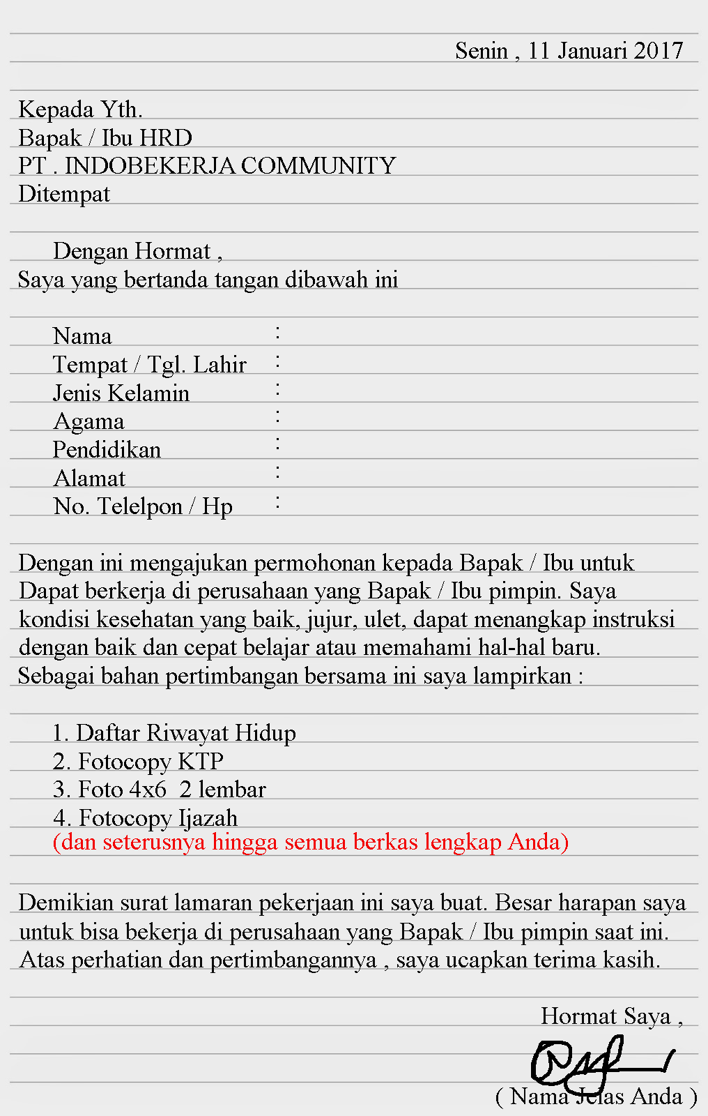 Detail Contoh Surat Lamaran Kerja Pabrik Tulis Tangan Nomer 41