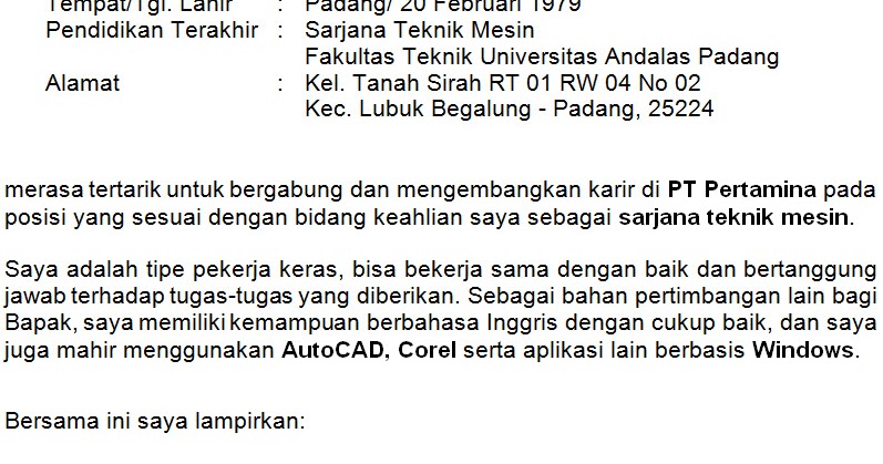 Detail Contoh Surat Lamaran Kerja Pertamina Nomer 42