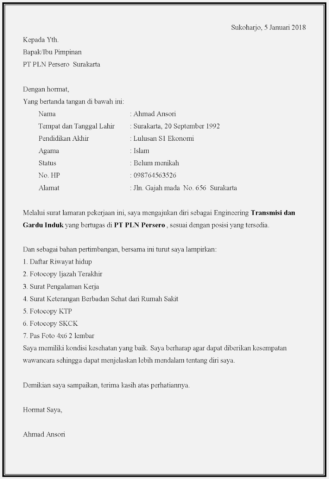 Detail Contoh Surat Lamaran Kerja Pln Nomer 35