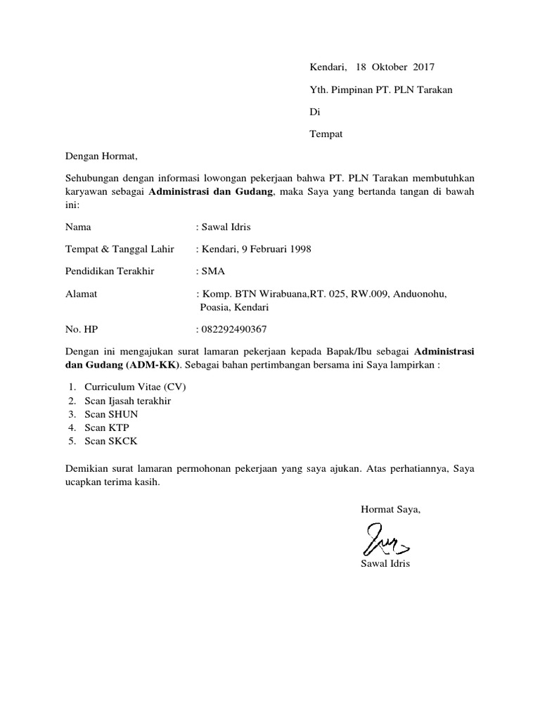 Detail Contoh Surat Lamaran Kerja Pln Untuk Sma Nomer 39
