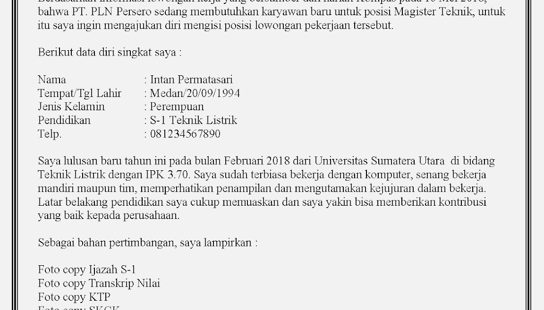 Detail Contoh Surat Lamaran Kerja Pln Untuk Sma Nomer 46