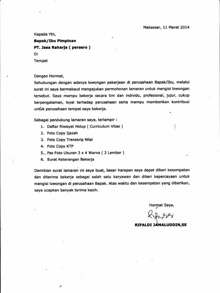 Detail Contoh Surat Lamaran Kerja Pt Jasa Raharja Nomer 5