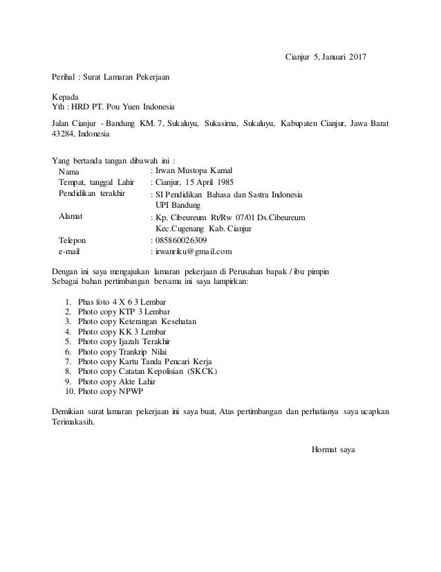Detail Contoh Surat Lamaran Kerja Pt Taekwang Subang Nomer 46