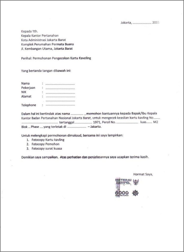 Contoh Surat Lamaran Kerja Ptt Bpn