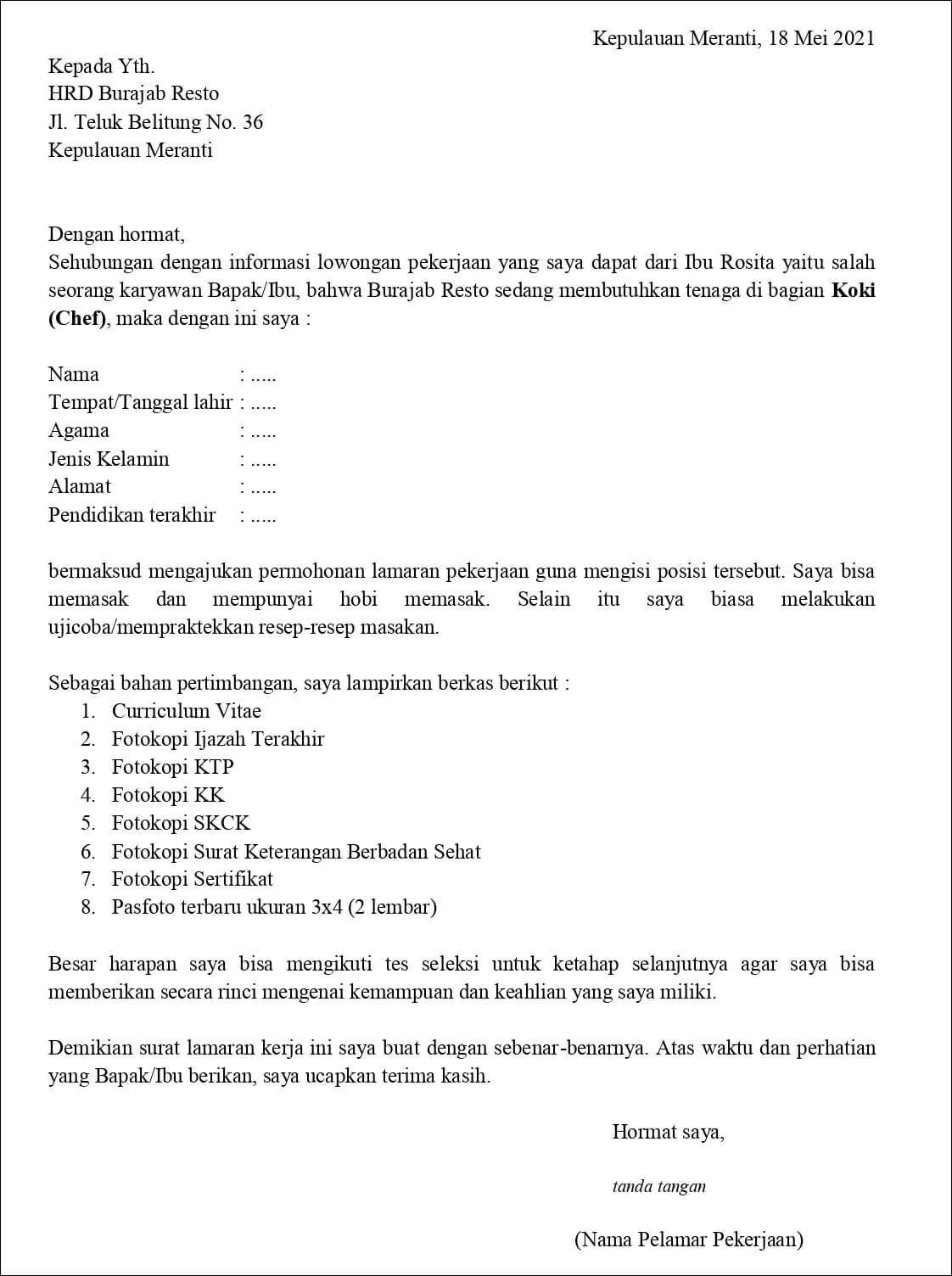 Detail Contoh Surat Lamaran Kerja Restoran Nomer 9