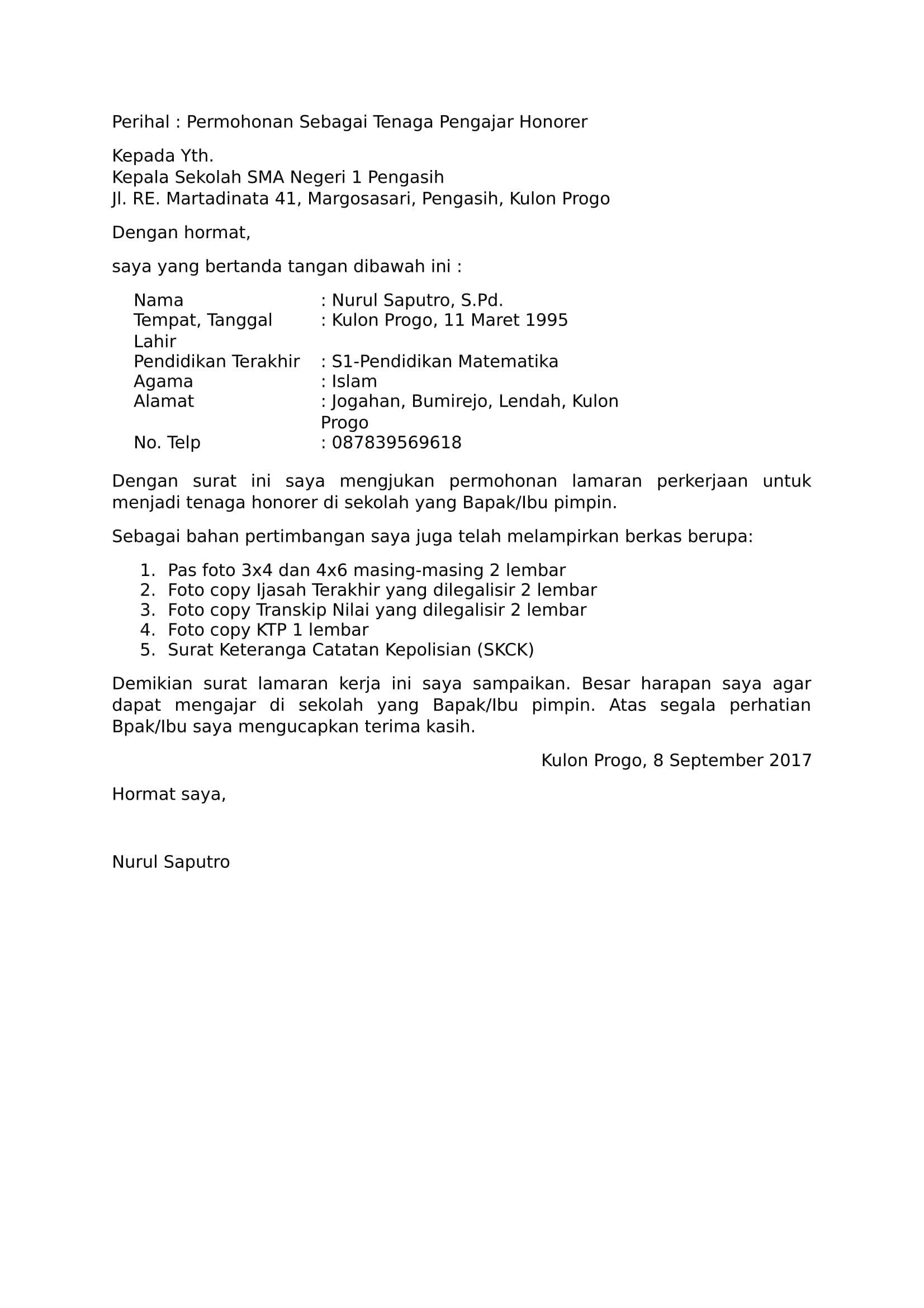 Detail Contoh Surat Lamaran Kerja Sebagai Guru Nomer 30