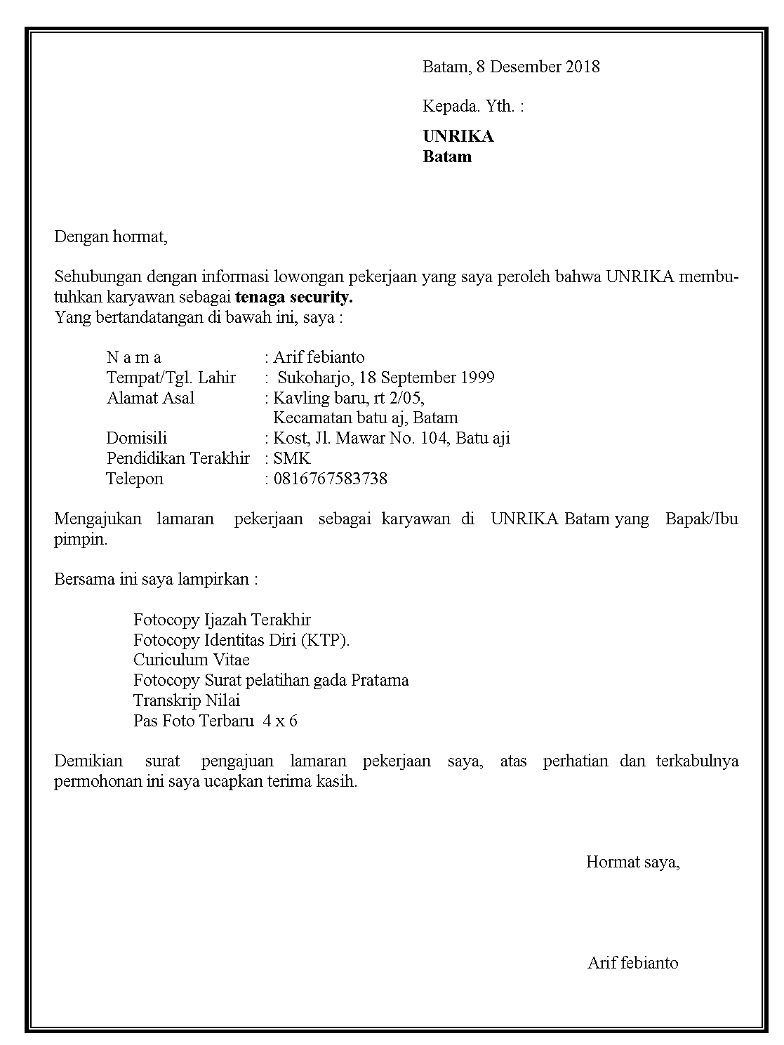 Detail Contoh Surat Lamaran Kerja Sebagai Security Nomer 17