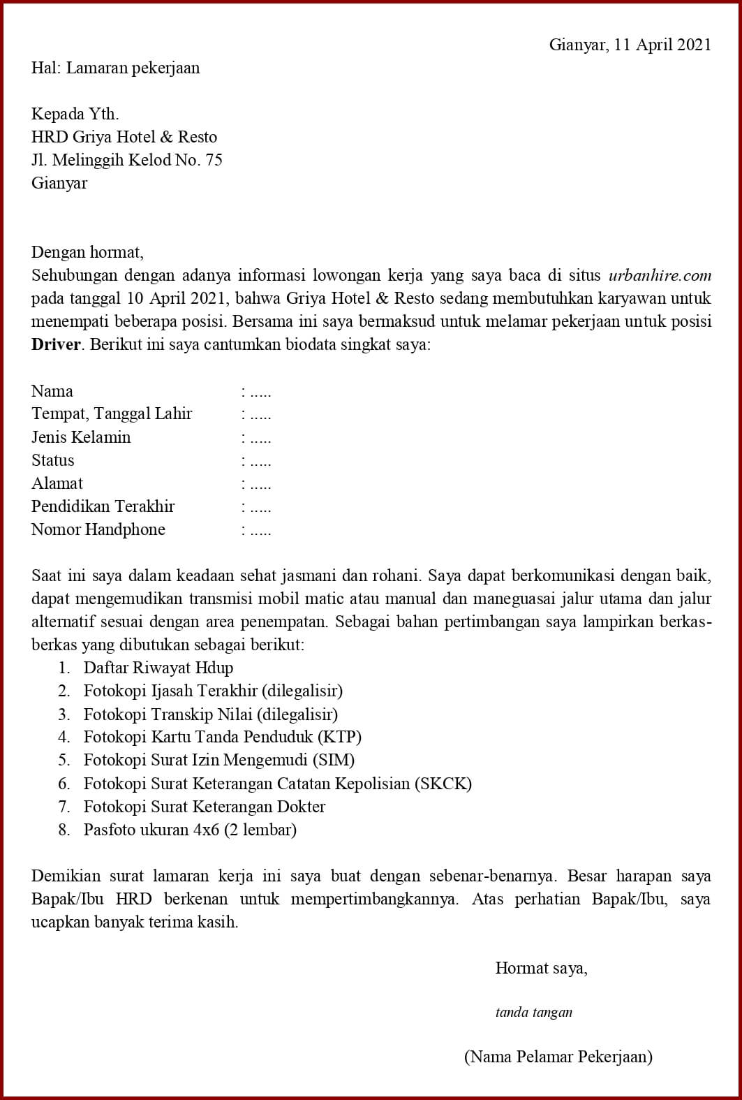 Detail Contoh Surat Lamaran Kerja Sopir Nomer 17