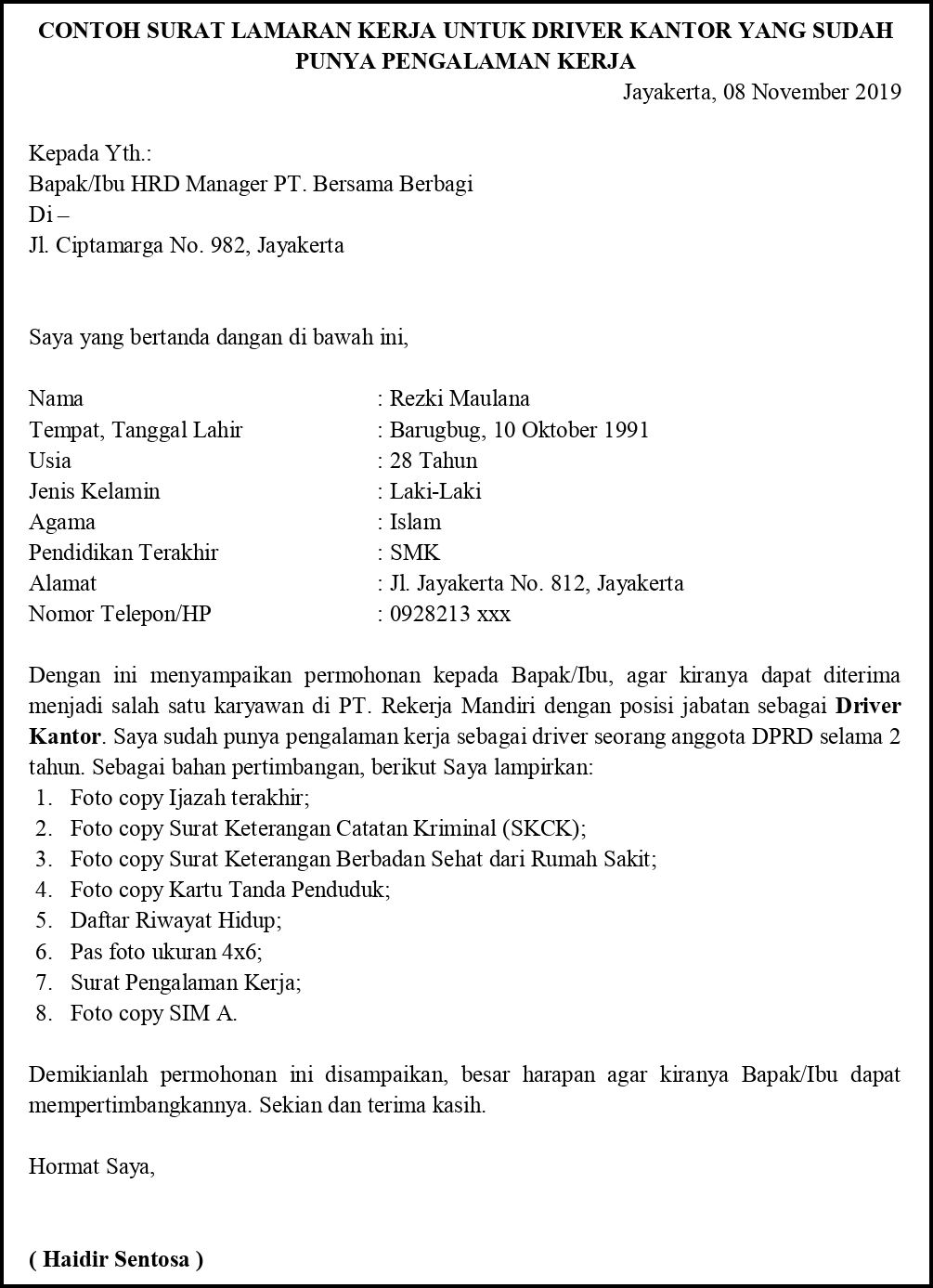 Detail Contoh Surat Lamaran Kerja Sopir Nomer 34