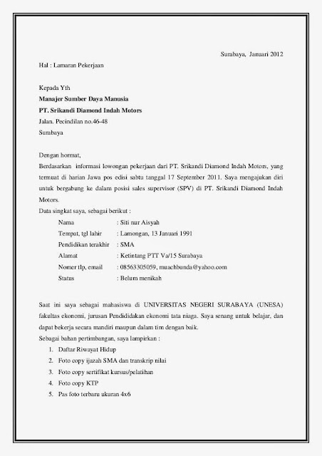 Download Contoh Surat Lamaran Kerja Supervisor Nomer 44
