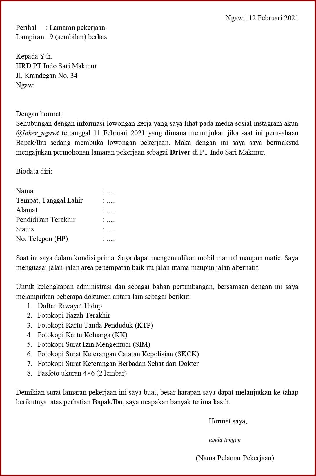 Detail Contoh Surat Lamaran Kerja Supir Nomer 12