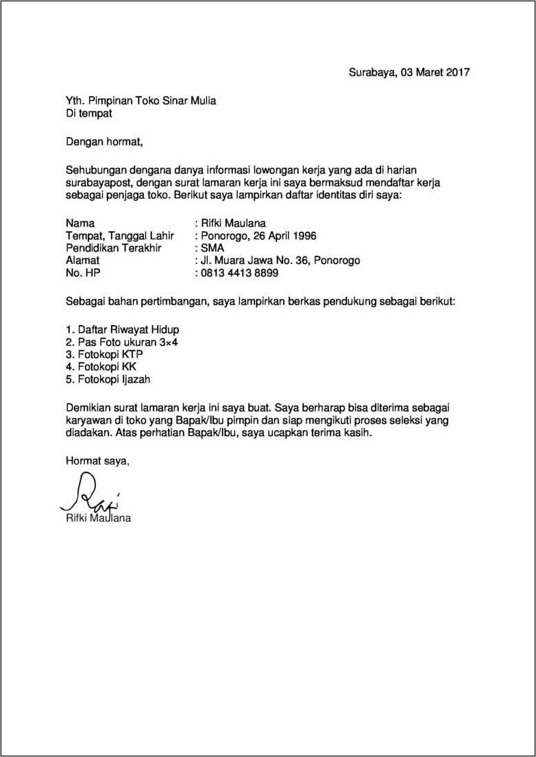 Detail Contoh Surat Lamaran Kerja Tulis Tangan 2017 Nomer 36