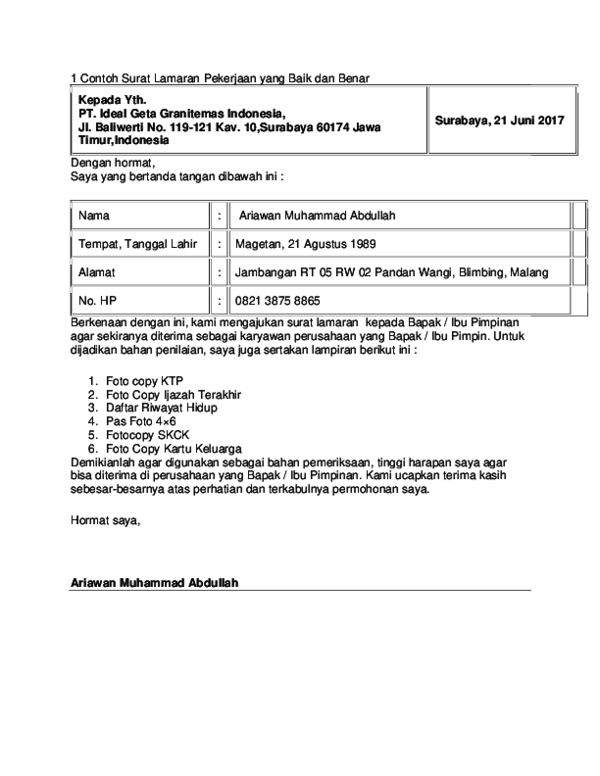 Detail Contoh Surat Lamaran Kerja Tulis Tangan 2017 Nomer 53
