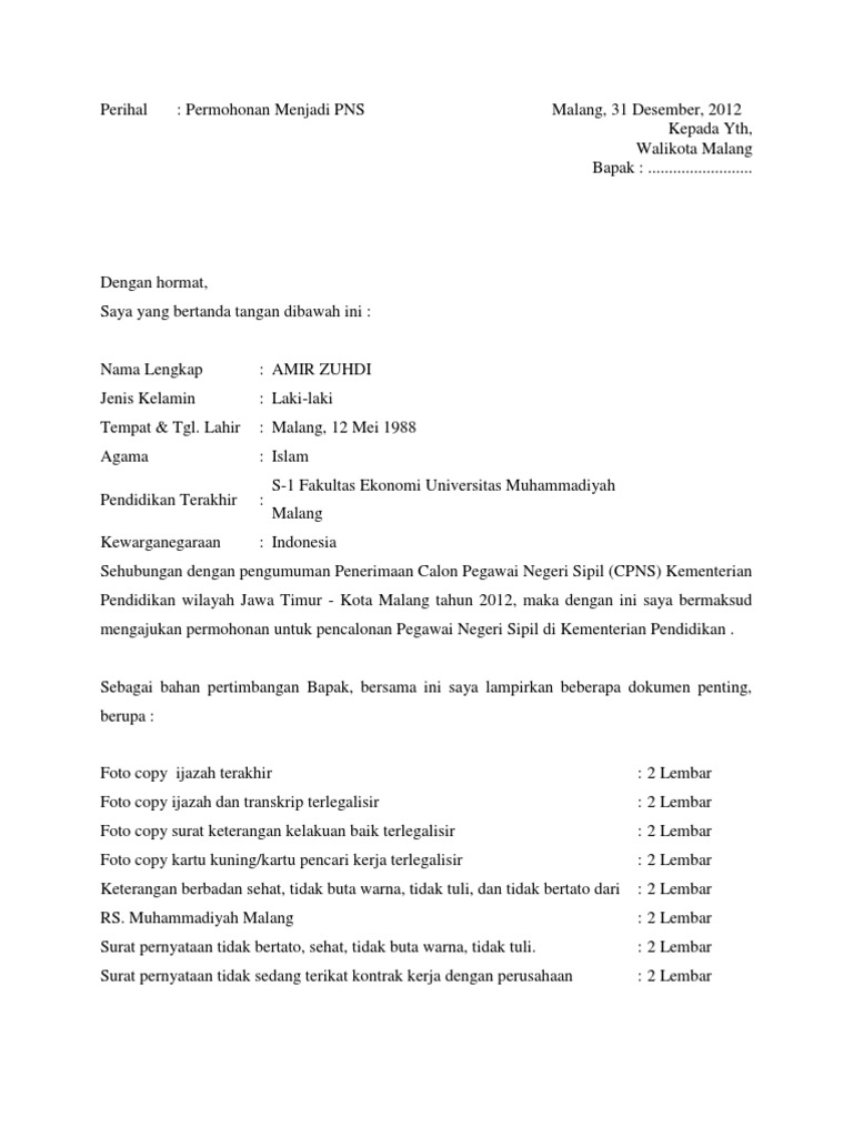 Detail Contoh Surat Lamaran Kerja Untuk Pns Nomer 46