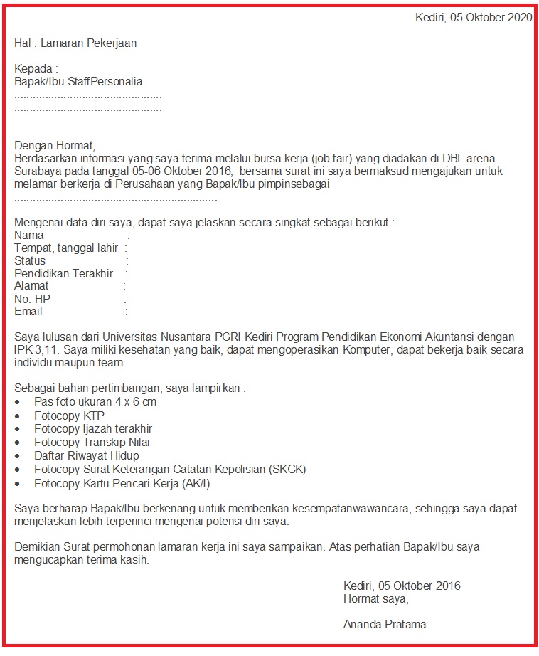 Detail Contoh Surat Lamaran Kerja Via Email 2016 Nomer 49