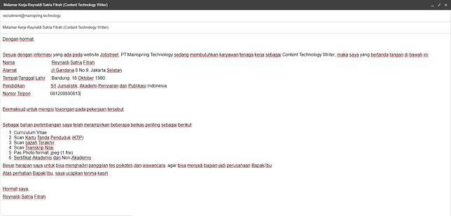 Detail Contoh Surat Lamaran Kerja Via Email Bahasa Indonesia Nomer 39