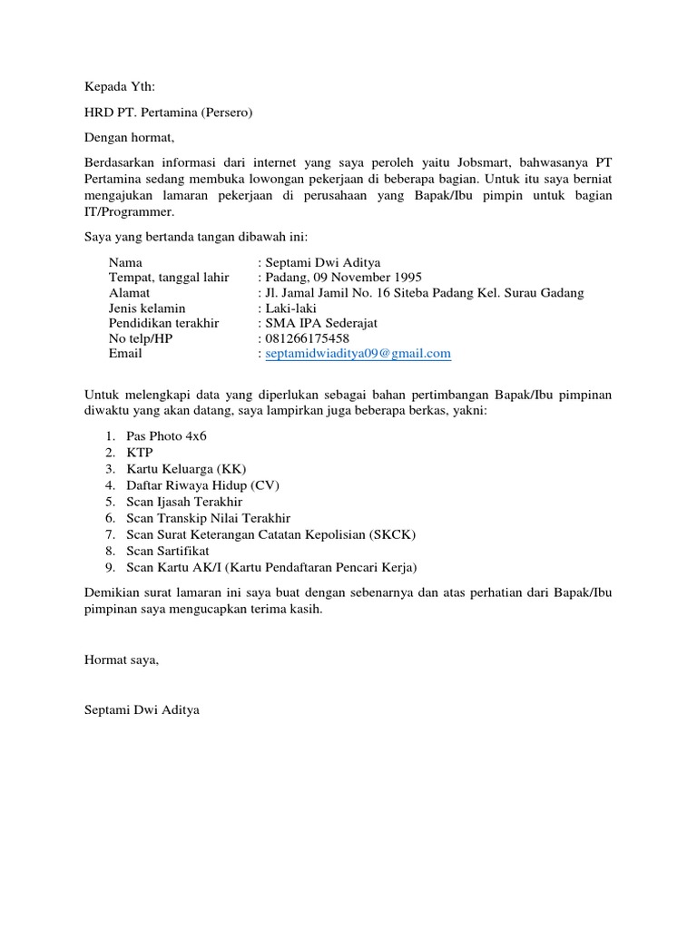 Detail Contoh Surat Lamaran Kerja Via Email Bahasa Indonesia Nomer 7