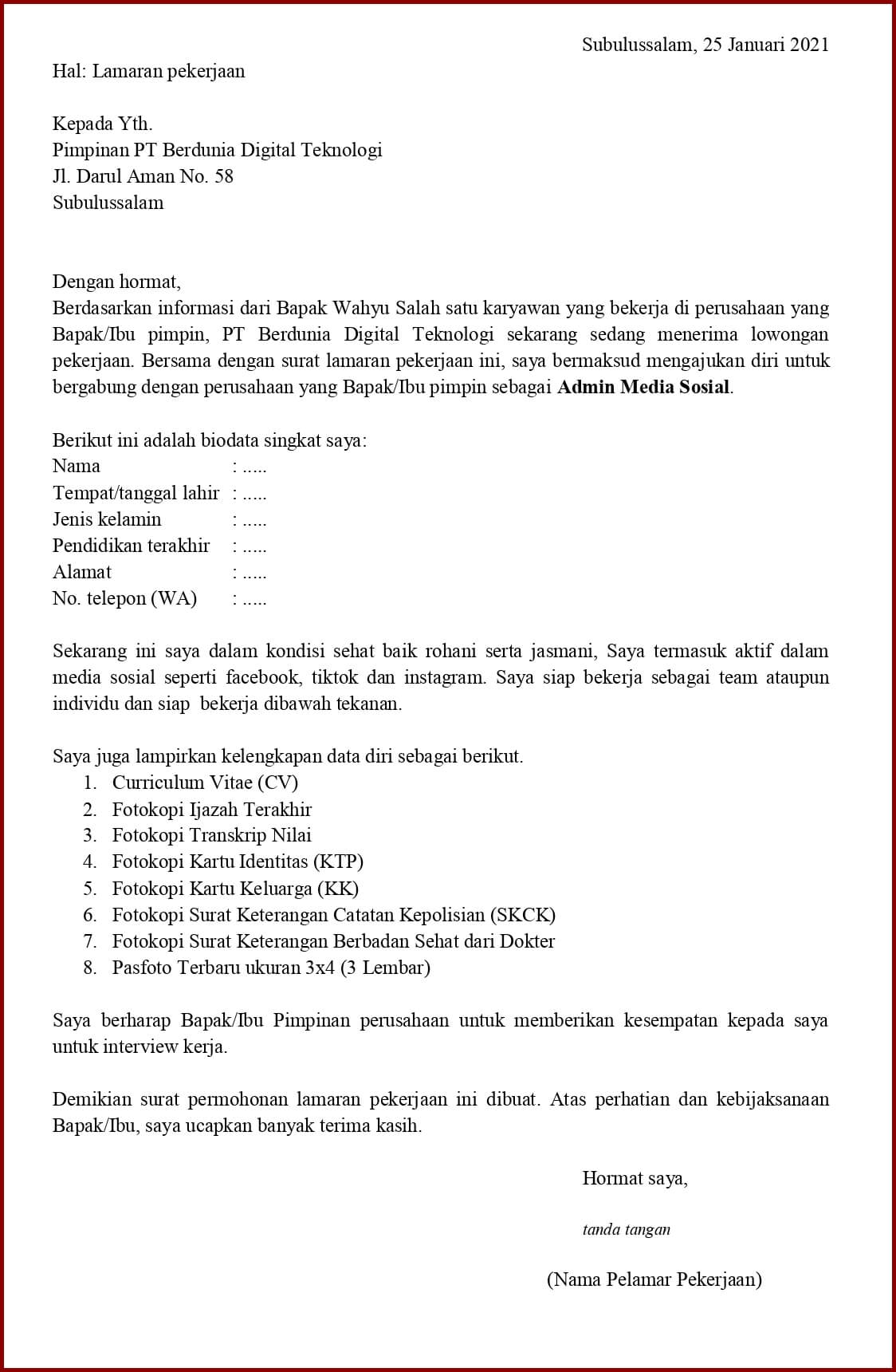 Detail Contoh Surat Lamaran Kerja Via Wa Nomer 52