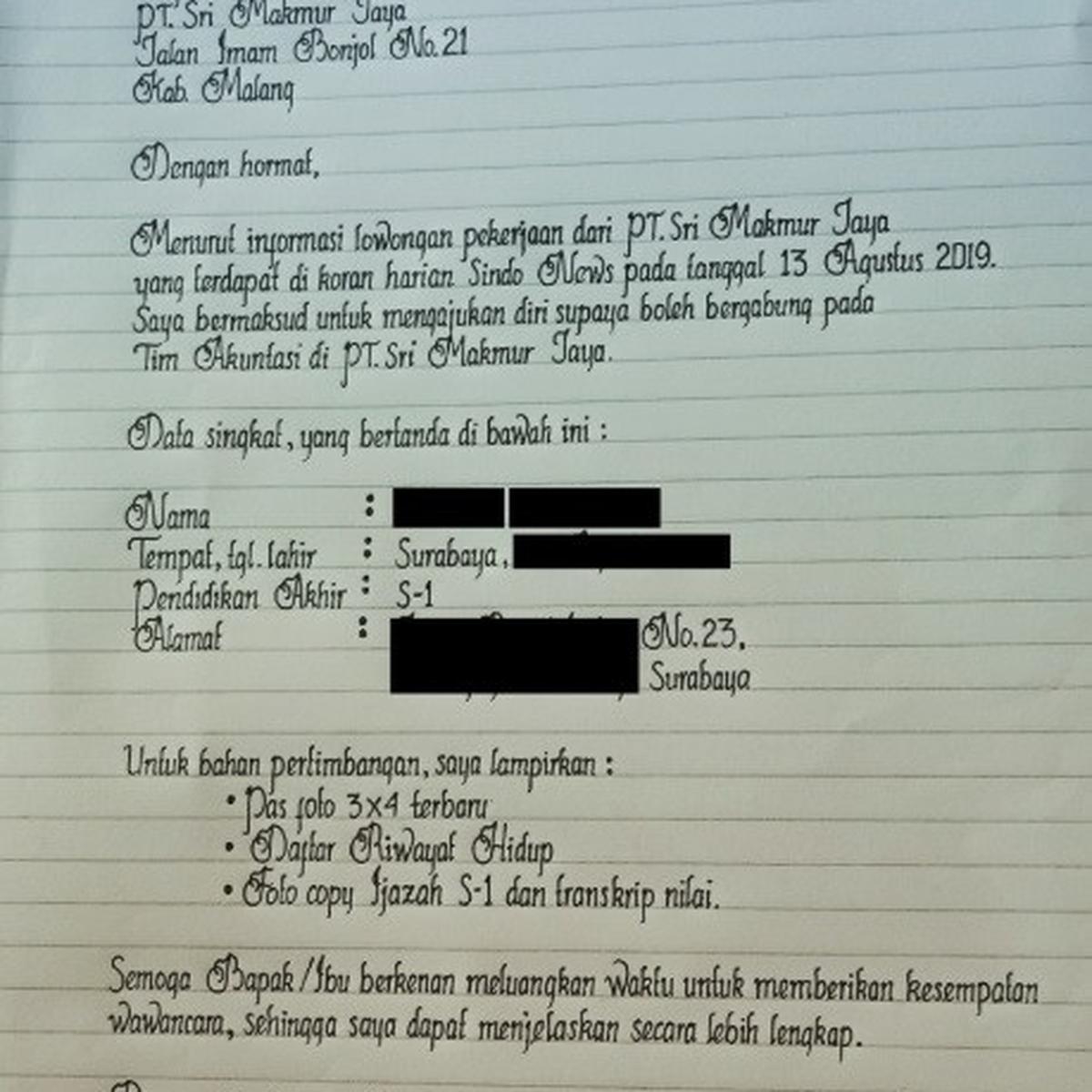 Detail Contoh Surat Lamaran Kerja Yang Ditulis Tangan Nomer 54