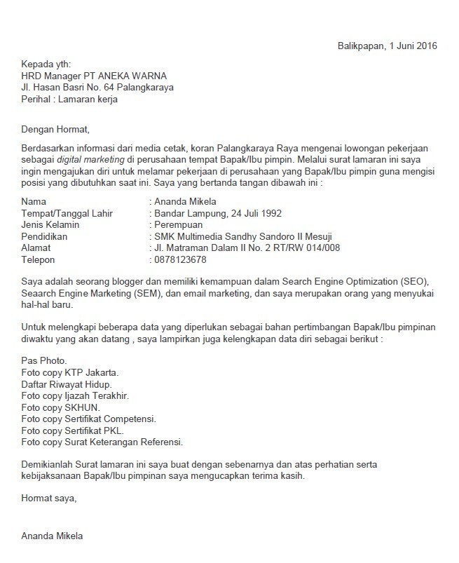 Detail Contoh Surat Lamaran Marketing Nomer 6