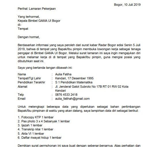 Detail Contoh Surat Lamaran Mengajar Bimbel Nomer 6