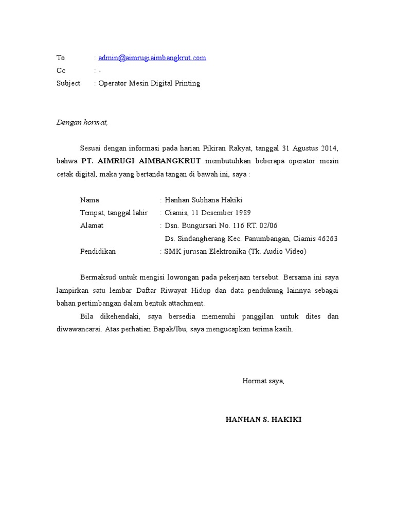 Detail Contoh Surat Lamaran Pekerjaan Email Nomer 35