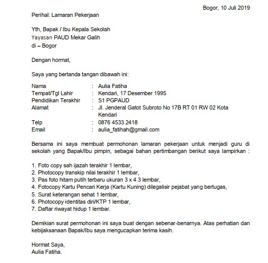 Detail Contoh Surat Lamaran Pekerjaan Sebagai Guru Nomer 5